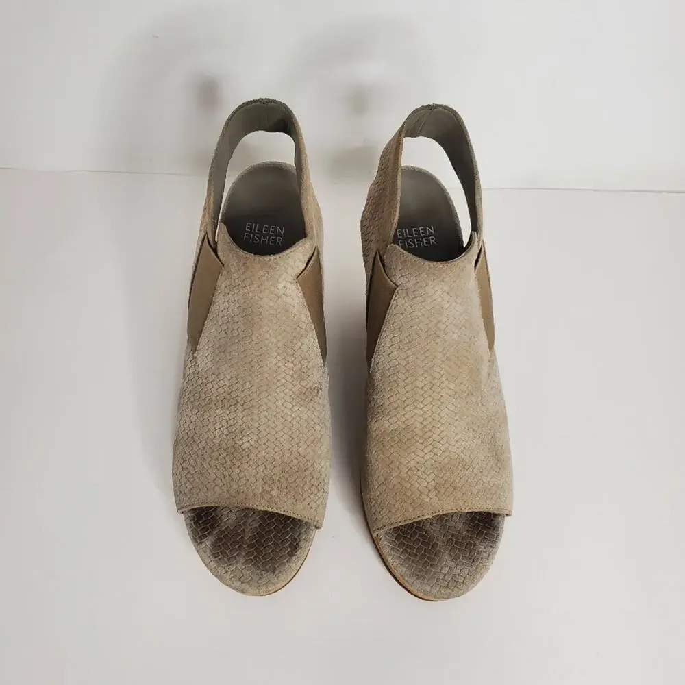 Eileen Fisher Peep toe leather stacked heels Size 9.5 Great condition